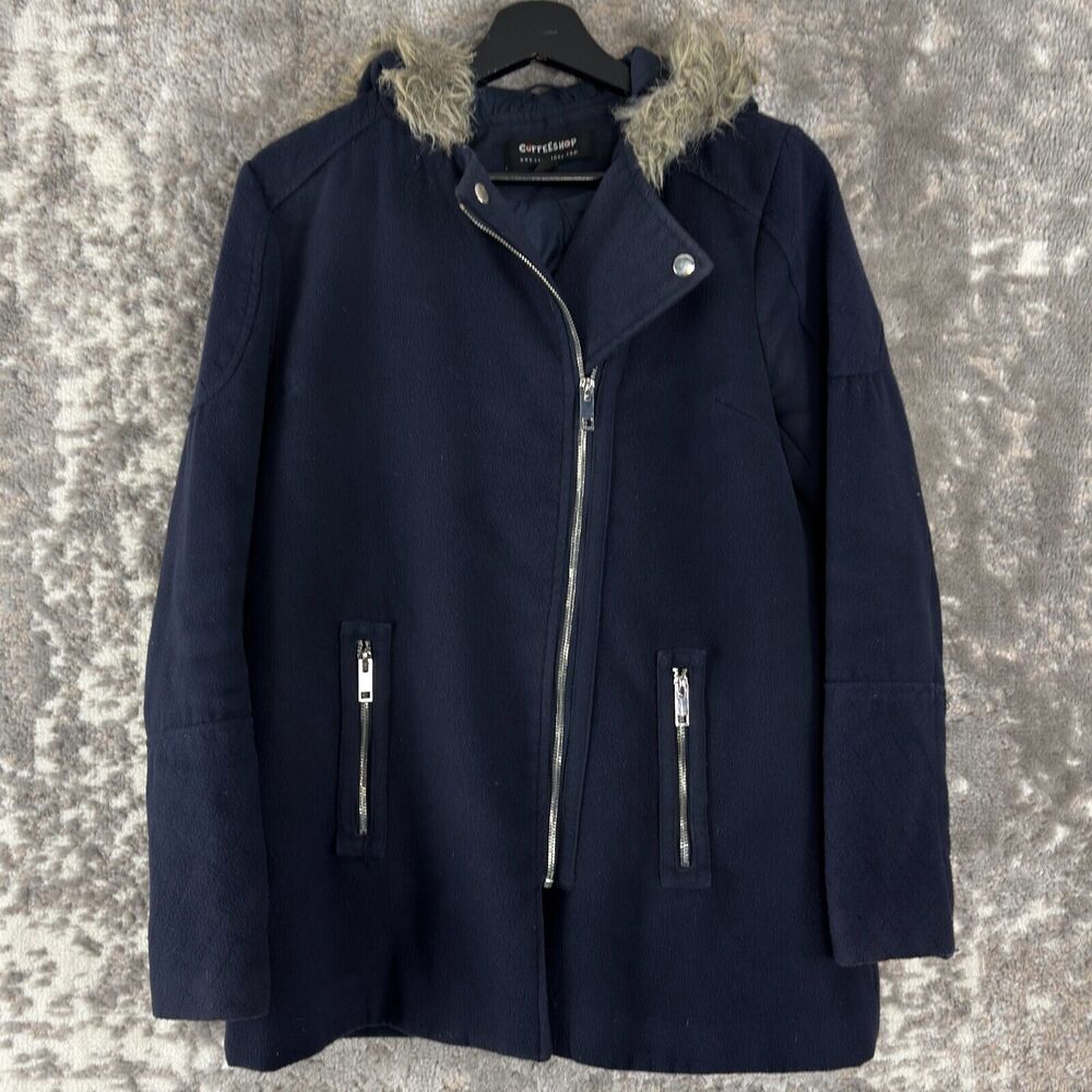 CoffeeShop Womens Sz S Faux Fur Full Zip Jacket Navy Long Sleeve Hooded Outdoor